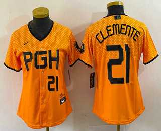 Womens Pittsburgh Pirates #21 Roberto Clemente Number Yellow 2023 City Connect Stitched Jersey->mlb womens jerseys->MLB Jersey